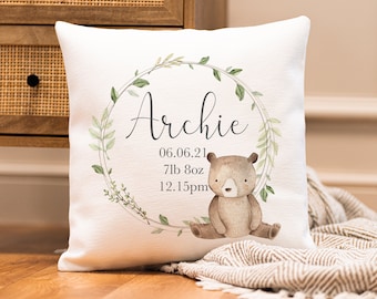 Personalised New Baby Cushion - Bear Nursery Cushion - Personalised Boy's Cushion - Baby Boy Cushion - Personalised Baby Boy Gift