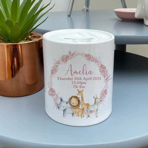 Personalised New Baby Money Box Personalised Jungle Money Box Lion