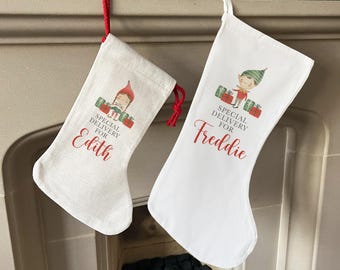 Calcetín navideño personalizado – Diseño de elfo, lino o algodón.