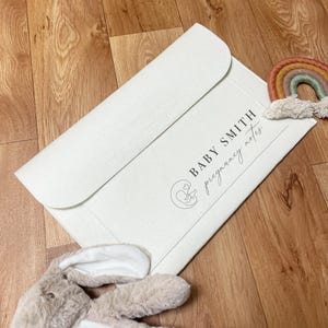 Può includere: Una busta di feltro bianco con il testo "BABY SMITH pregnancy notes" stampato su di essa. La busta è appoggiata su una superficie di legno con un piccolo giocattolo arcobaleno e un coniglietto di peluche.