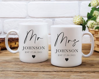 Personalised Mr & Mrs Mugs, Personalised Wedding Gift, Personalised Couple Mugs - Mr and Mrs Gift