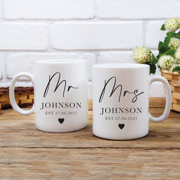Personalised Mr & Mrs Mugs, Personalised Wedding Gift, Personalised Couple Mugs - Mr and Mrs Gift