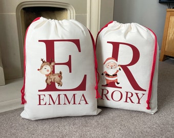 Personalised Santa Sack - Personalised Christmas Sack - Personalised Christmas Toy Sack - Name & Initial Christmas Reindeer - Christmas Gift