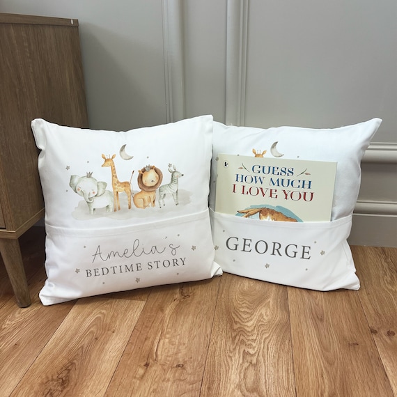 Personalised Bedtime Story Book Cushion - Jungle Nursery Cushion - Personalised Baby Boy Gift - Lion Cushion - Personalised Baby Girl Gift