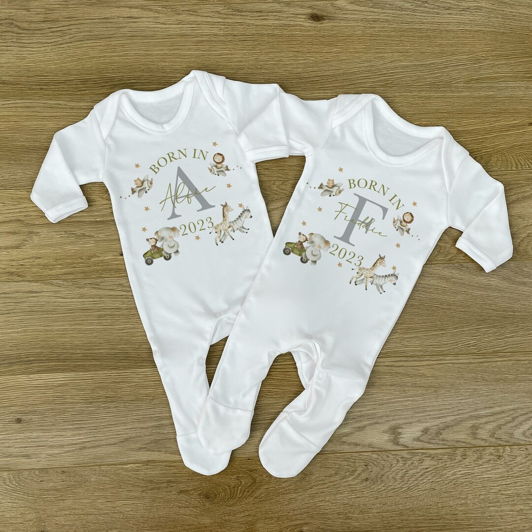 Personalised Born in 2024 Baby Vest Safari Baby Sleepsuit Personalised