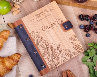 Personalized Wood Recipe Book, Leather Binding, Rustic Kotchen Gift for Mom, Bride, Grandma