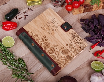 Personalized Wood Recipe Book, Leather Bound Cook Journal