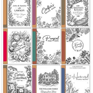 K&ouml;nnte beinhalten: Ein Raster aus neun rechteckigen Rezeptb&uuml;chern mit schwarz-wei&szlig;en Illustrationen von Pflanzen, Lebensmitteln und H&auml;usern. Jeder Einband zeigt personalisierten Text, einschlie&szlig;lich Namen und Titeln, mit einem farbigen vertikalen Buchr&uuml;cken.