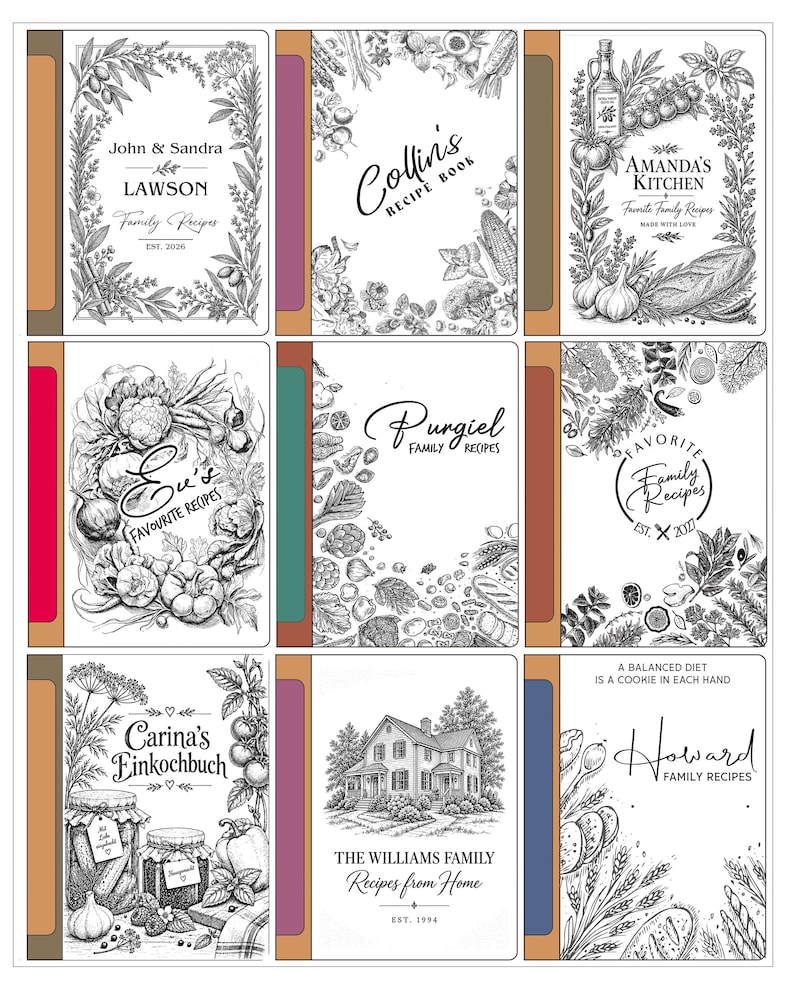 K&ouml;nnte beinhalten: Ein Raster aus neun rechteckigen Rezeptb&uuml;chern mit schwarz-wei&szlig;en Illustrationen von Pflanzen, Lebensmitteln und H&auml;usern. Jeder Einband zeigt personalisierten Text, einschlie&szlig;lich Namen und Titeln, mit einem farbigen vertikalen Buchr&uuml;cken.