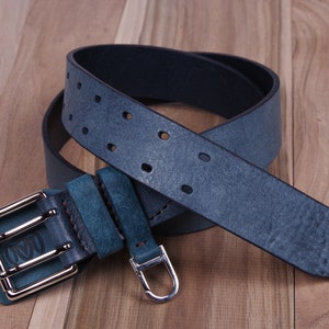Handmade Denim Blue Leather Belt with double hole 10oz leather, gift for anniversary