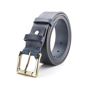 Navy Blue leather men&#39;s belt, Italian vegetable tanned leather, French solid brass buckle, Gift for him, Jeans rustic belt