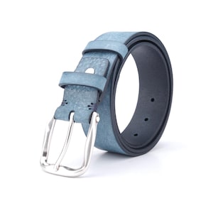 Denim Blue leather men&#39;s belt, Italian vegetable tanned leather, French solid brass buckle, Gift for him, Jeans rustic belt