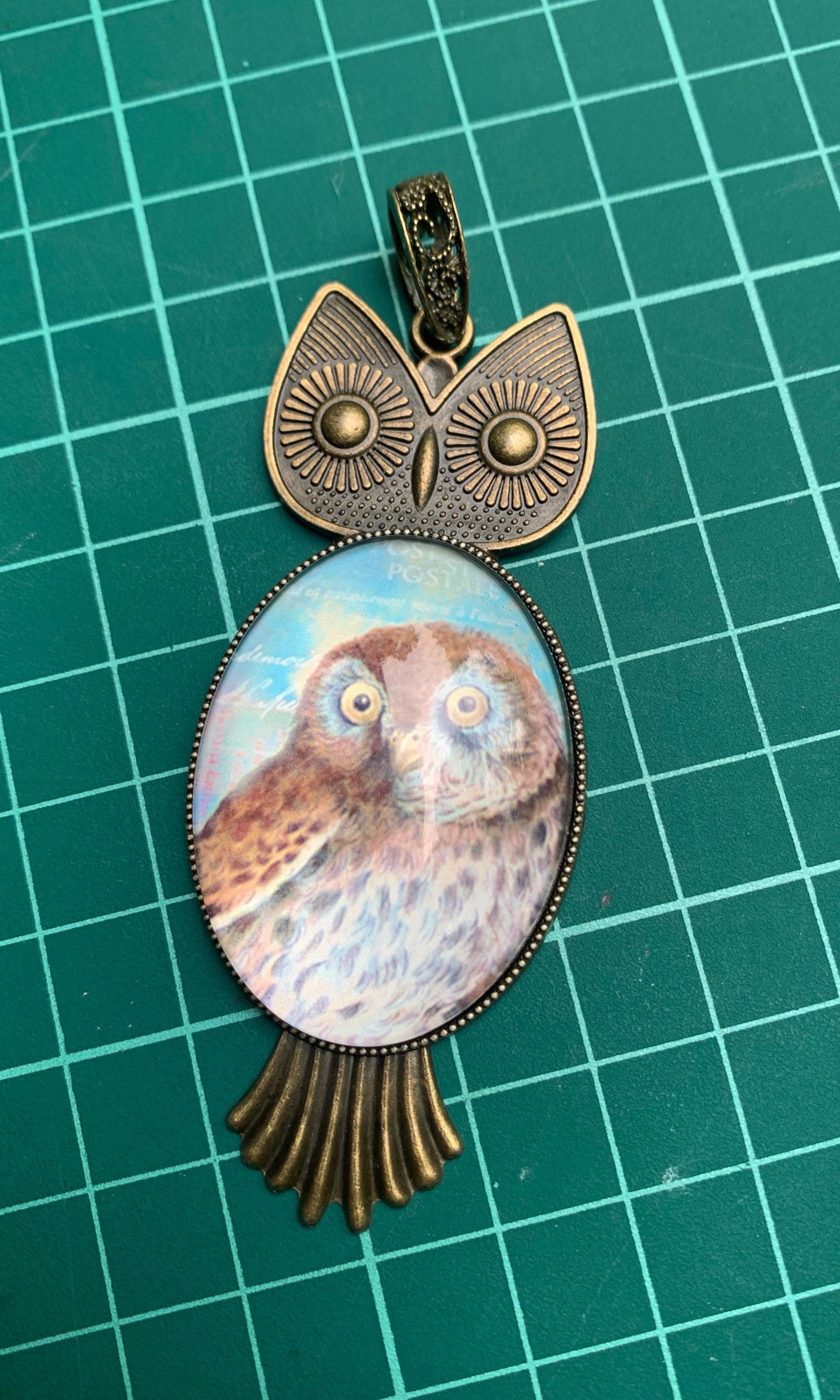 pendant for Jewelry supply handcrafted Antique Bronze Owl Pendant Glass Cabochon, DIY Project Making
