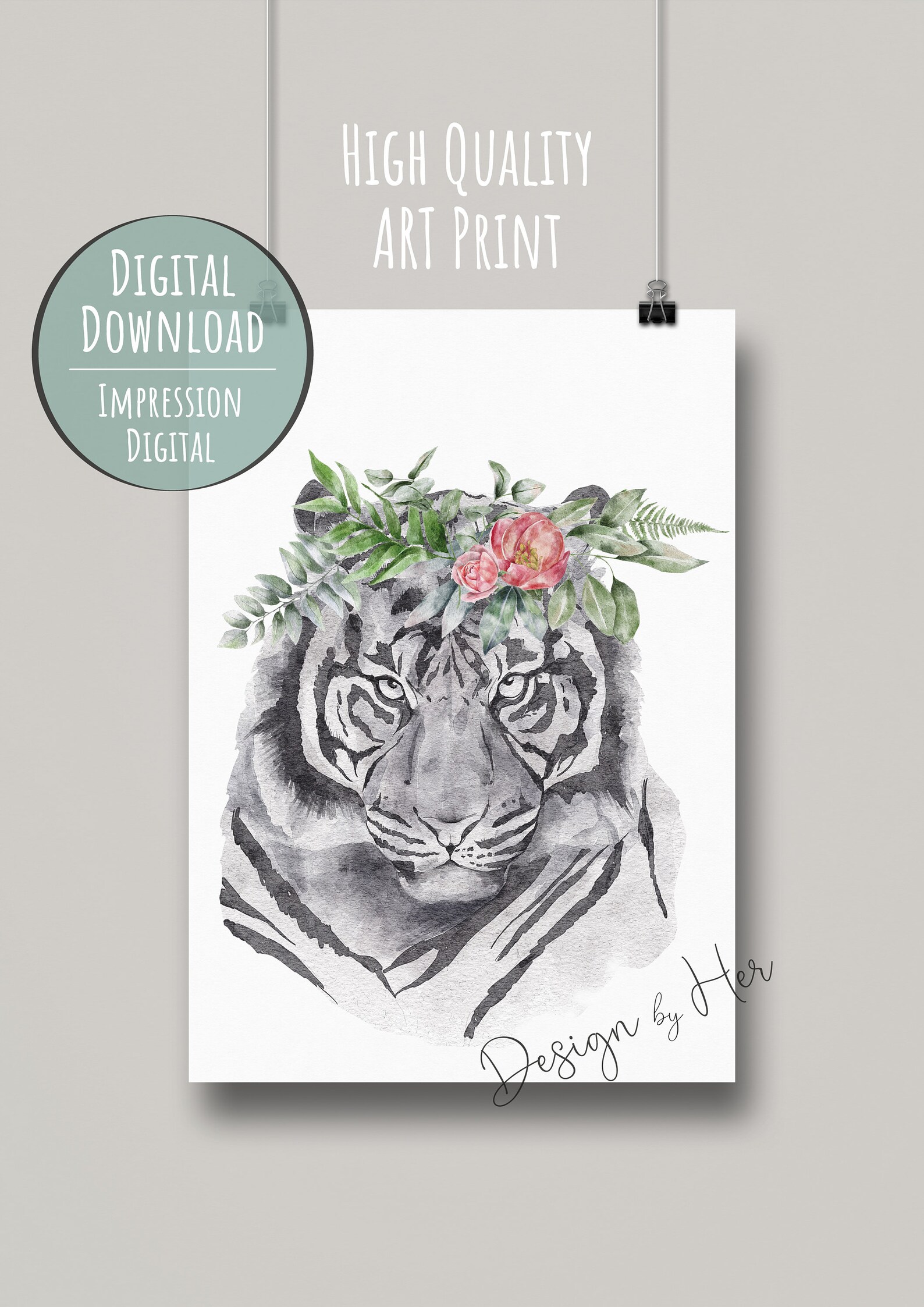 Plakat Tiger zum Drucken / Abbildung Tier schwarz und weiß / | Etsy