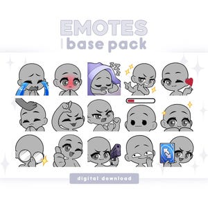 Puede incluir: Un conjunto de emoticonos de dibujos animados que muestran diversas emociones, como llorar, sonrojarse y dormir. El texto "EMOTES | base pack" está en la parte superior, con "digital download" en la parte inferior. Cada emoticono es una figura gris con accesorios.