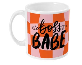 Boss Babe Coffee Mug: Pink Checkerboard, Hand-Drawn Heart