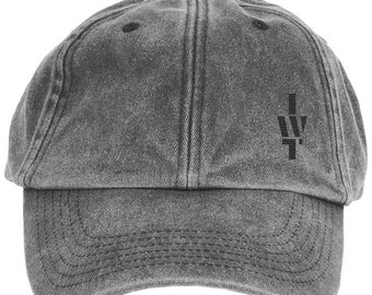 May include: A gray, distressed, cotton baseball cap with a black embroidered logo. The logo is a stylized letter "T" with a vertical line extending from the top.
