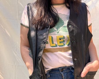 Chaleco de cuero negro vintage de los años 80