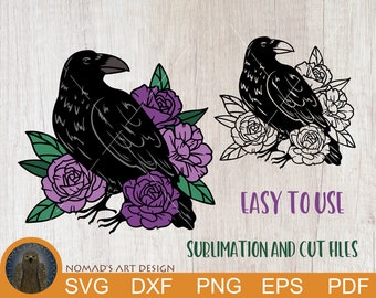 Crow Svg, Raven Svg, Floral Crow Svg, Witchy Svg, Halloween Svg, Gothic Svg, Spooky Svg, Goth Svg, Flowers, Layered Svg, Crow Sublimation