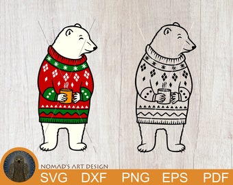 Polar Bear Svg, Christmas Bear with Ugly Sweater Svg, Winter Bear Svg, Christmas Animals Clipart, Christmas Shirt Svg, Cute Bear Svg, Cricut