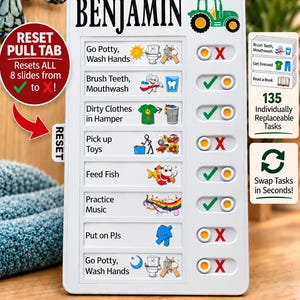 May include: A white plastic chore chart for children personalized with the name BENJAMIN and a green tractor graphic. It features eight rows of daily tasks with sliding toggles to mark progress with green checkmarks or red X symbols and a reset tab.