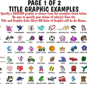 May include: Page 1 of 2 of title graphic examples. The image displays a variety of graphic options, including stars, a fairy, a hummingbird, music notes, a love bird, a baseball, a shooting star, a dragon, a cute horse, and an owl.