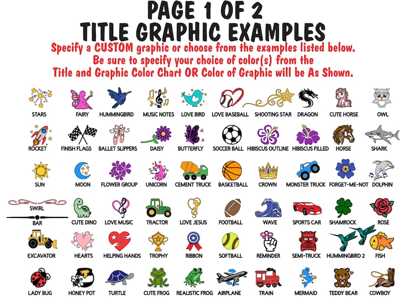 May include: Page 1 of 2 of title graphic examples. The image displays a variety of graphic options, including stars, a fairy, a hummingbird, music notes, a love bird, a baseball, a shooting star, a dragon, a cute horse, and an owl.