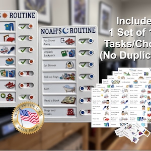 May include: Two white boards with a sun and moon design, labeled "Noah's Routine". Each board has a list of tasks with check boxes and colorful icons. The boards are surrounded by 135 colorful task cards with icons and text. The text reads "Includes 1 Set of 135 Tasks/Chores (No Duplicates)".