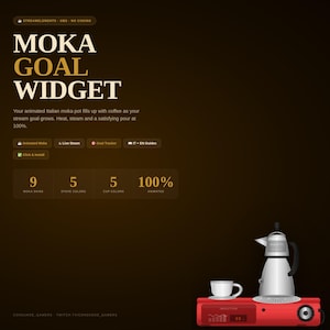 Puede incluir: Ilustración de un Moka Goal Widget con una cafetera, una taza y una estufa. El texto dice "Moka Goal Widget" y describe la cafetera italiana animada que se llena de café. La imagen incluye el texto "100% Animado".