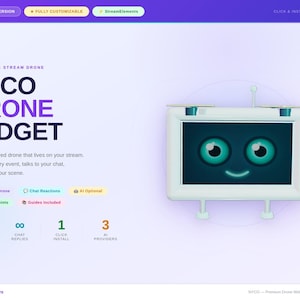 Può includere: Annuncio digitale per il widget NYCO Drone, un drone di streaming interattivo. L'immagine presenta un drone bianco sorridente con grandi occhi verdi. Il testo include "Premium Version", "Fully Customizable" e "StreamElements."
