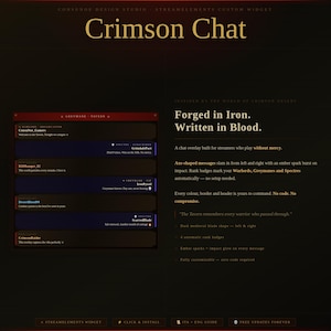 Könnte beinhalten: Dunkle Grafik mit dem Text "Crimson Chat" in Gold. Das Bild zeigt ein Chat-Overlay für Streamer mit axtförmigen Nachrichten und anpassbaren Elementen. Das Design hat ein mittelalterliches Thema.