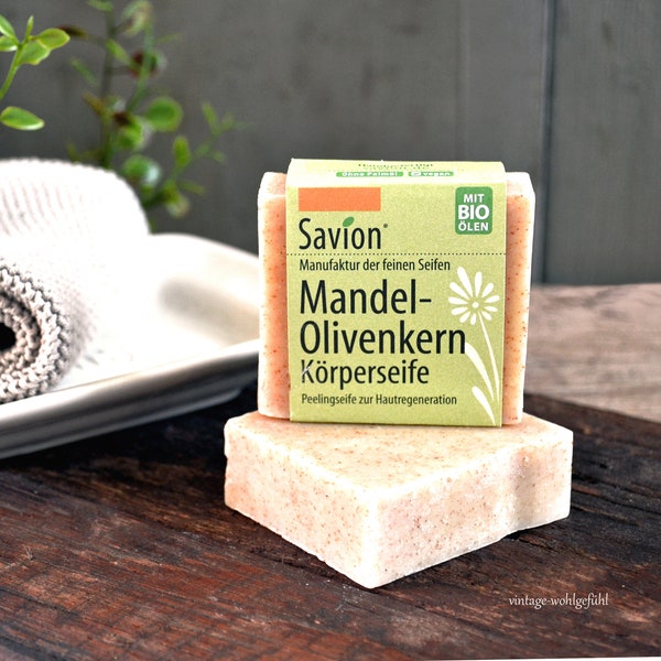 Savion Peeling Seife Mandel Olivenkern, reines Naturprodukt, vegan, Bioseife, nachhaltig, nur natürliche Inhaltsstoffe
