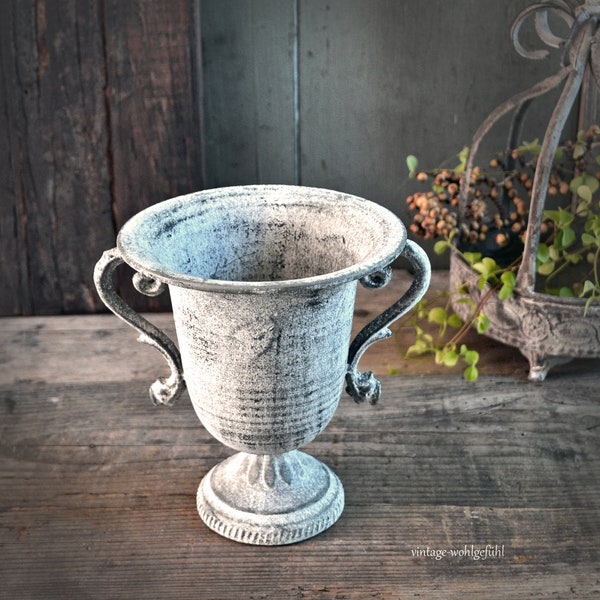 fioriera nostalgica, piccola anfora, ciotola per piante, vaso per fiori, vaso per piante in lamiera di ferro, tazza, con manici, vintage, shabby chic