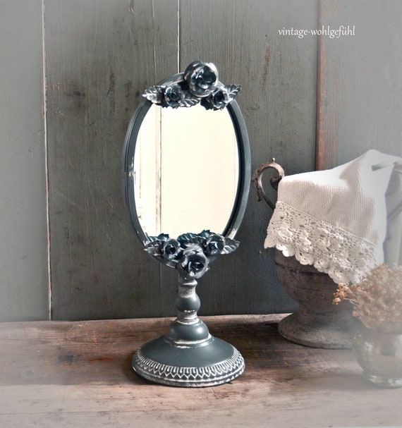 Tischspiegel, kleiner Spiegel, Standspiegel, Schminkspiegel, oval, mit  Rosen, aus Metall, grau, Vintage, Shabby Chic, nostalgisch - .de