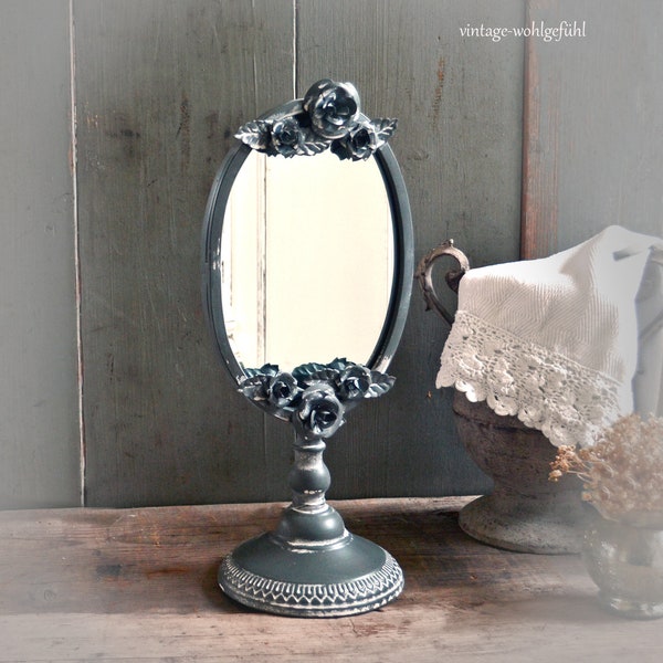 Tischspiegel, kleiner Spiegel, Standspiegel, Schminkspiegel, oval, mit Rosen, aus Metall, grau, Vintage, Shabby Chic, nostalgisch