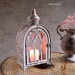 Lantern, lantern, for candles, for tea lights, made of metal, grey, shabby chic, vintage, nostalgic