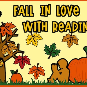 Fall In Love With Reading Bulletin Board Kit, School, Reading, Library, Classroom, Door or Hallway Decoration, Teacher, Librarian, Fall