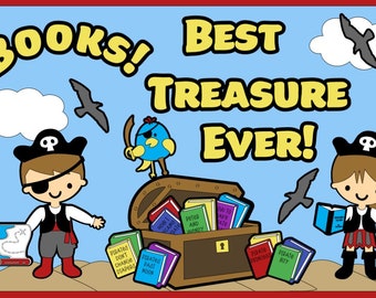 Books! Best Treasure Ever! Bulletin Board Kit, School, Reading, Teacher, Librarian, Library, Classroom, Door or Hallway Decoration, Pirates