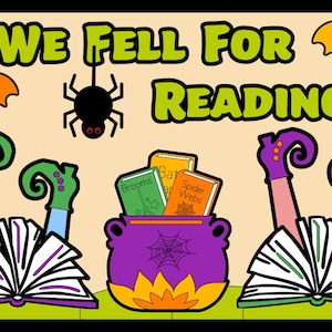 May include: A Halloween-themed illustration with the text "WE FELL FOR READING!". It features a cauldron with books, witch legs, bats, and a spider. The books are labeled "Brooms", "Bat", and "Spider Webs". The color palette includes purple, green, orange, and black.