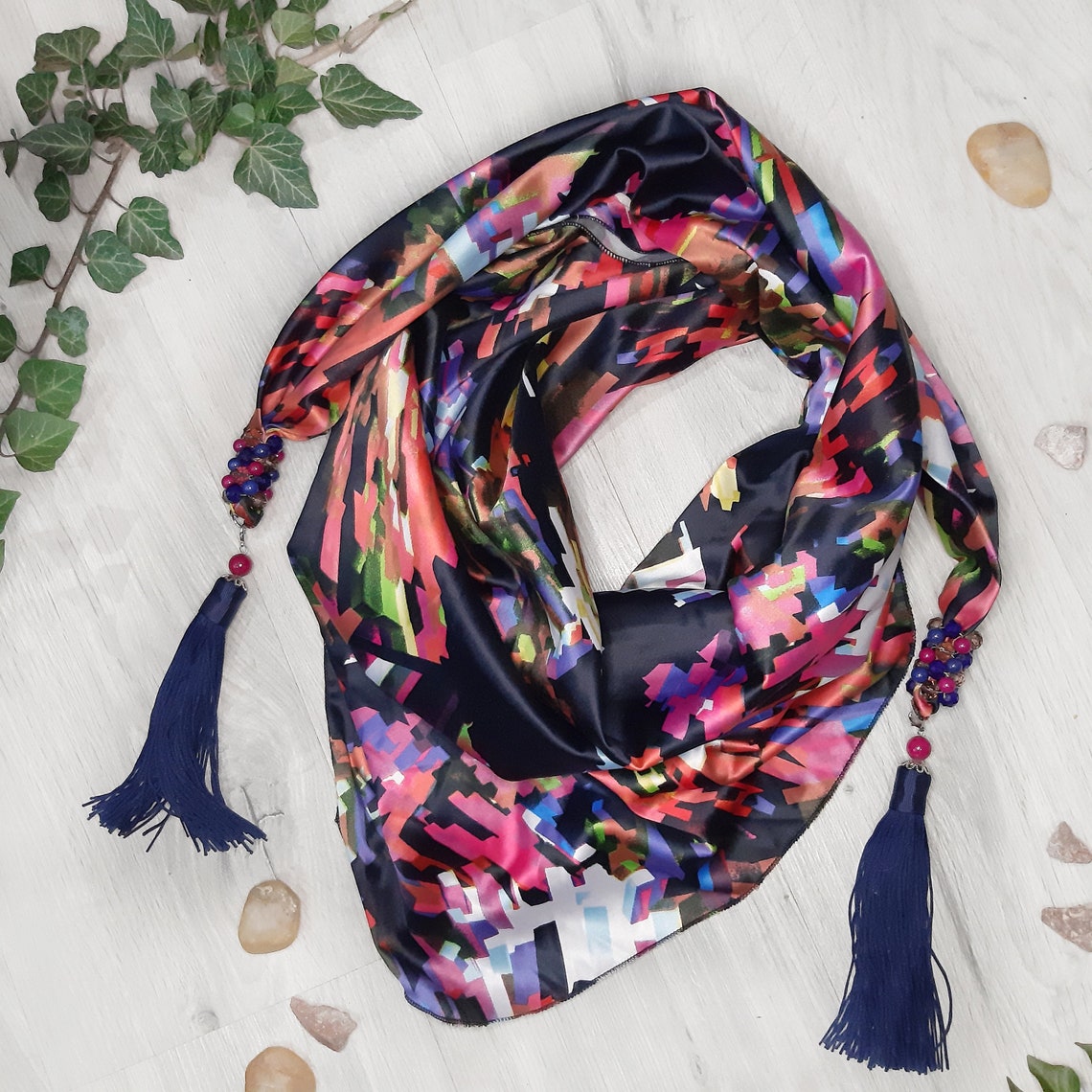 Women's Neck Scarf with a decor of natural stones 00168 Etsy