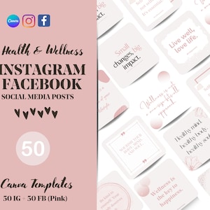 Articles sur la santé et le bien-être | 50 publications Instagram | Messages Facebook | Modèles de réseaux sociaux Canva | Volume 1