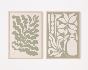 Sage Green Printable Wall Art, Set of 2 Wall Prints, Abstract Art, Matisse Poster, Instant DIGITAL DOWNLOAD