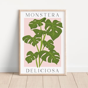 Monstera House Plant Printable Wall Art, Monstera Leaf Print, Pink Tropical Wall Print, Botanical Art Room Decor, Instant DIGITAL DOWNLOAD