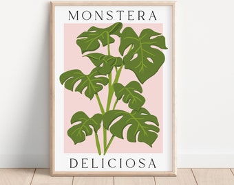 Monstera House Plant Printable Wall Art, Monstera Leaf Print, Pink Tropical Wall Print, Botanical Art Room Decor, Instant DIGITAL DOWNLOAD