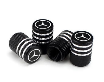 4 Mercedes Silver Black Tire Air Valve Stem Cap Fits Most Cars Wagons & SUVs