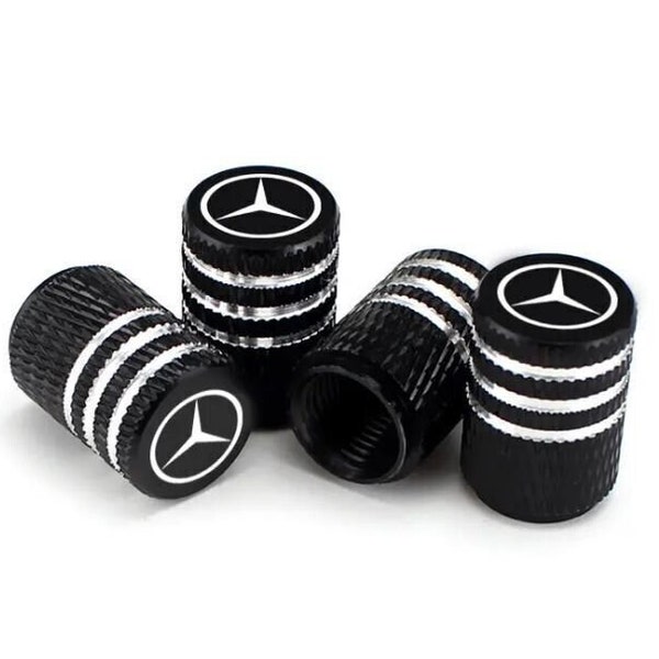 4 Mercedes Silver Black Tire Air Valve Stem Cap Fits Most Cars Wagons & SUVs