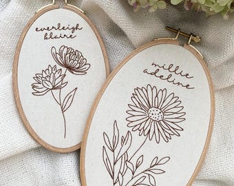 Embroidered Birth Flower Hoop: Custom Baby Announcement Gift