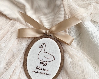 Hand Embroidered Baby Announcement Ornament: Animal Keepsake, Christmas ornament & Stocking Tag
