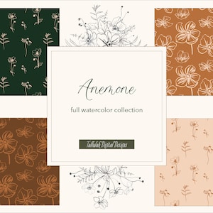 Anemone Watercolor Full Collection | Watercolor Clip Art | Seamless Patterns | Digital Papers | PNG | Instant Download