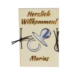 Personalisiertes Geldgeschenk zur Geburt Schnuller mit Wunschtext 15x10cm - Holzkarte Geschenkidee Baby Geschenk Neugeborenes Babyparty